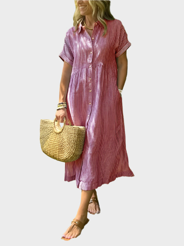 Striped Shirt Dress with Flounces, Buttons and Functional Pockets