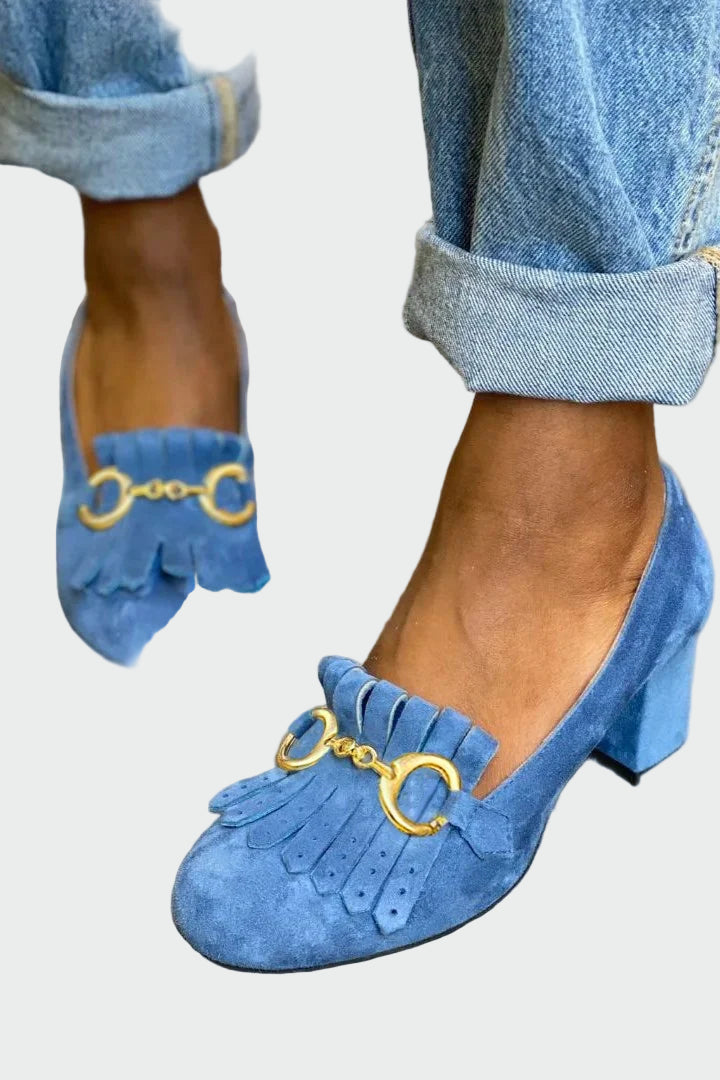 Stiletto with Fringe Detail and Gold Buckle