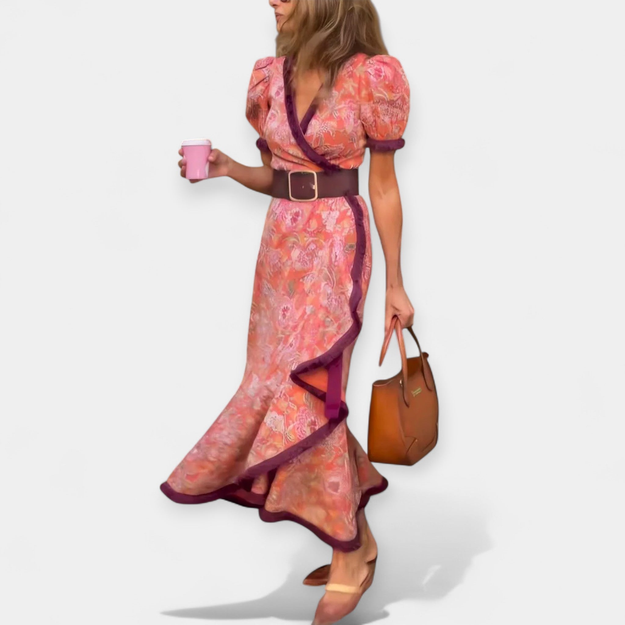 Romantic Dress with Belt and Puff Details