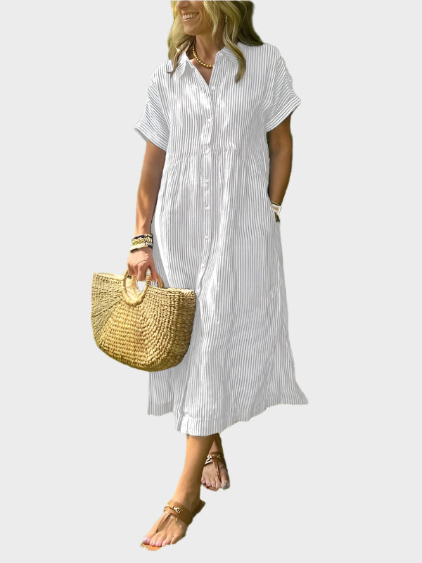 Striped Shirt Dress with Flounces, Buttons and Functional Pockets