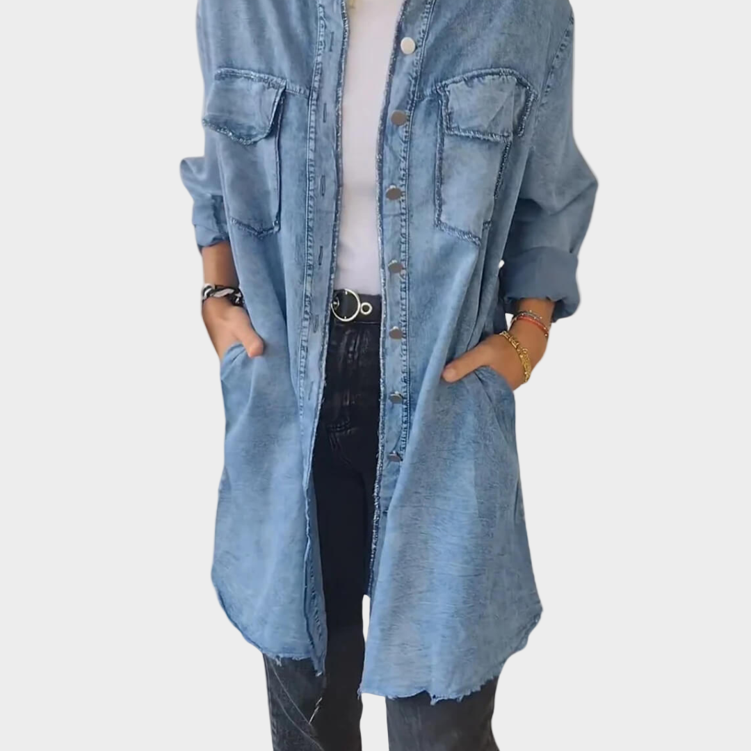Denim Shirt Dress with Long Sleeves and Classic Collar
