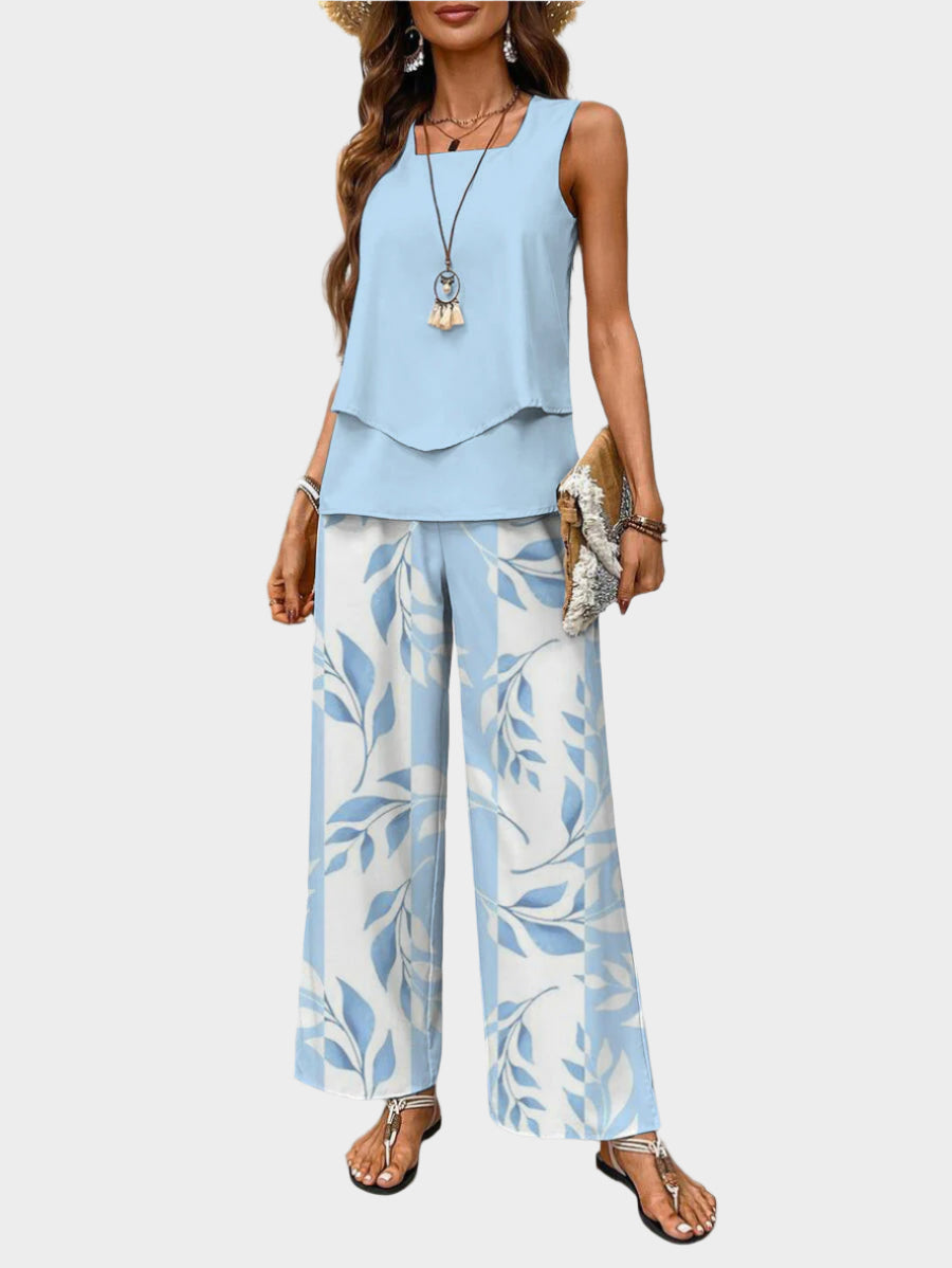 Summer Set with Sleeveless Top and Leaf Print Trousers