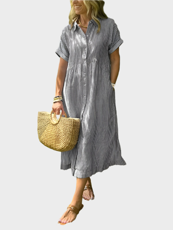 Striped Shirt Dress with Flounces, Buttons and Functional Pockets