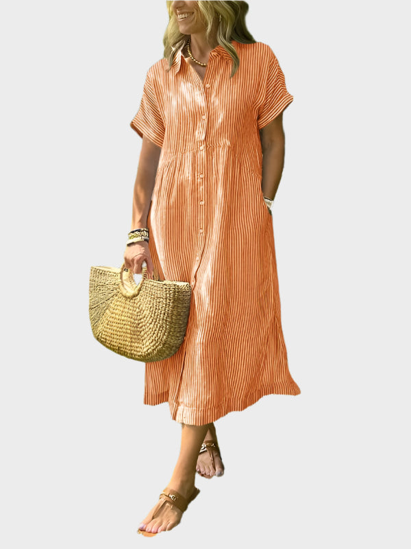 Striped Shirt Dress with Flounces, Buttons and Functional Pockets