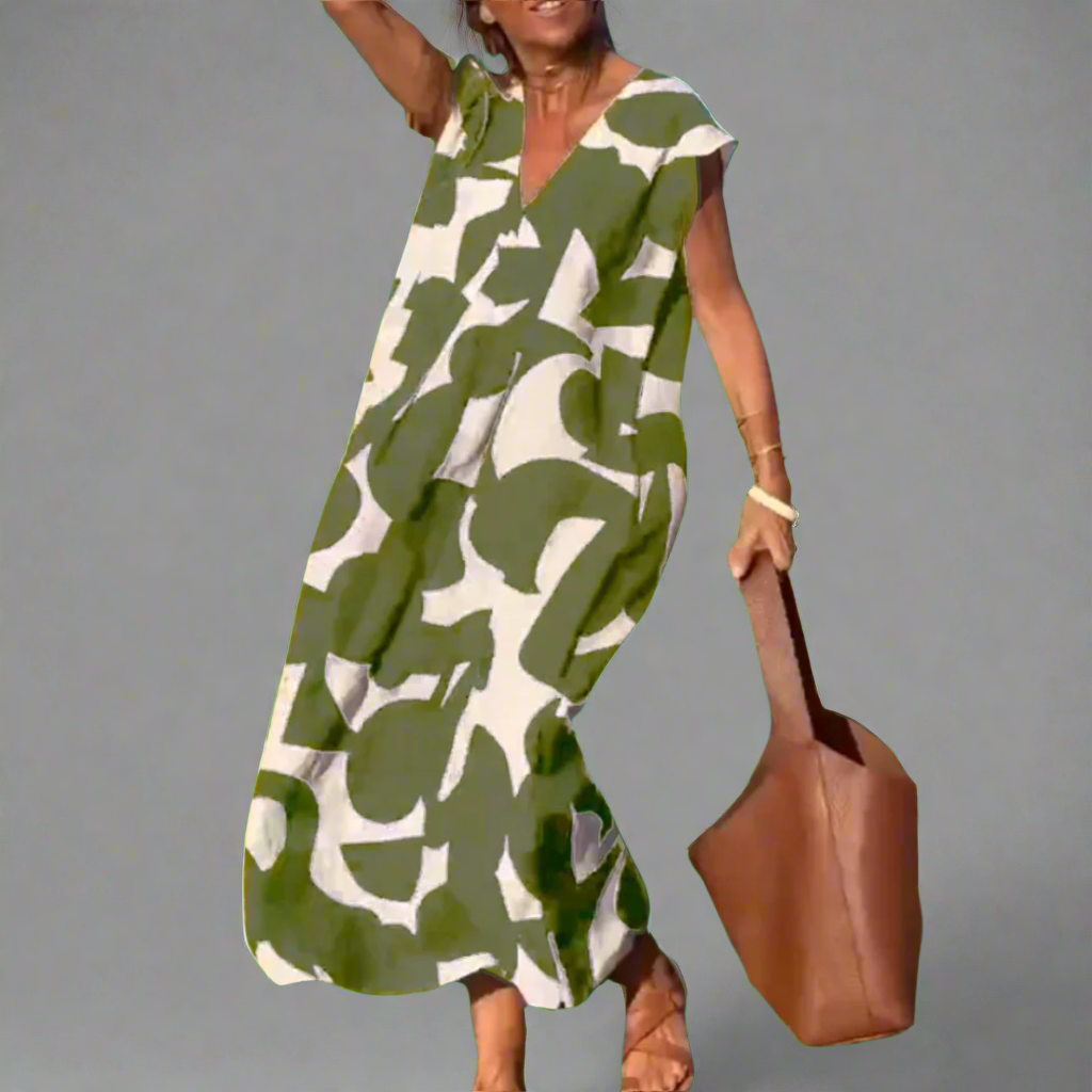 V-Neck Dress with Fabric Print