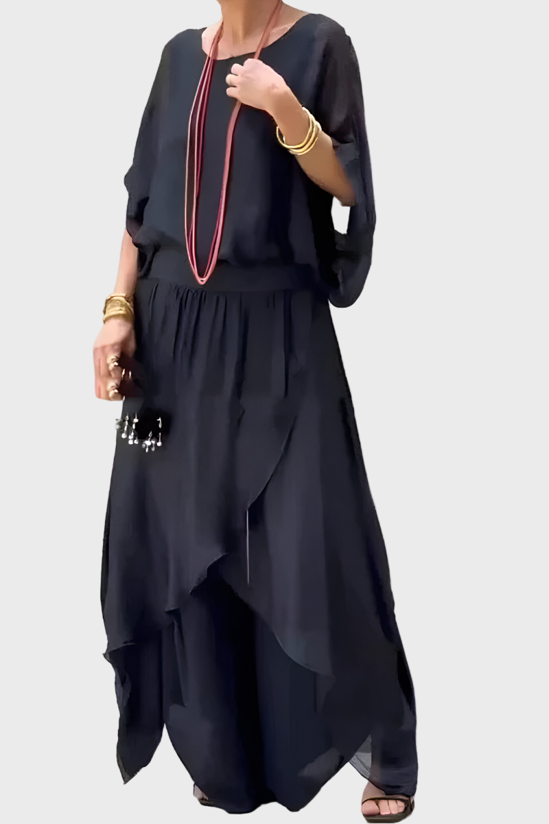 Top Wide and Trousers with Rips – Two-Piece Set in Chiffon