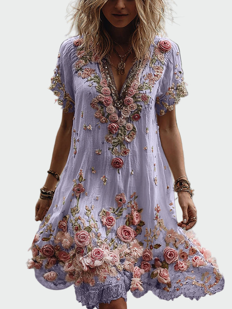 Vintage Style Dress with Short Sleeves and Elegant Floral Embroidery