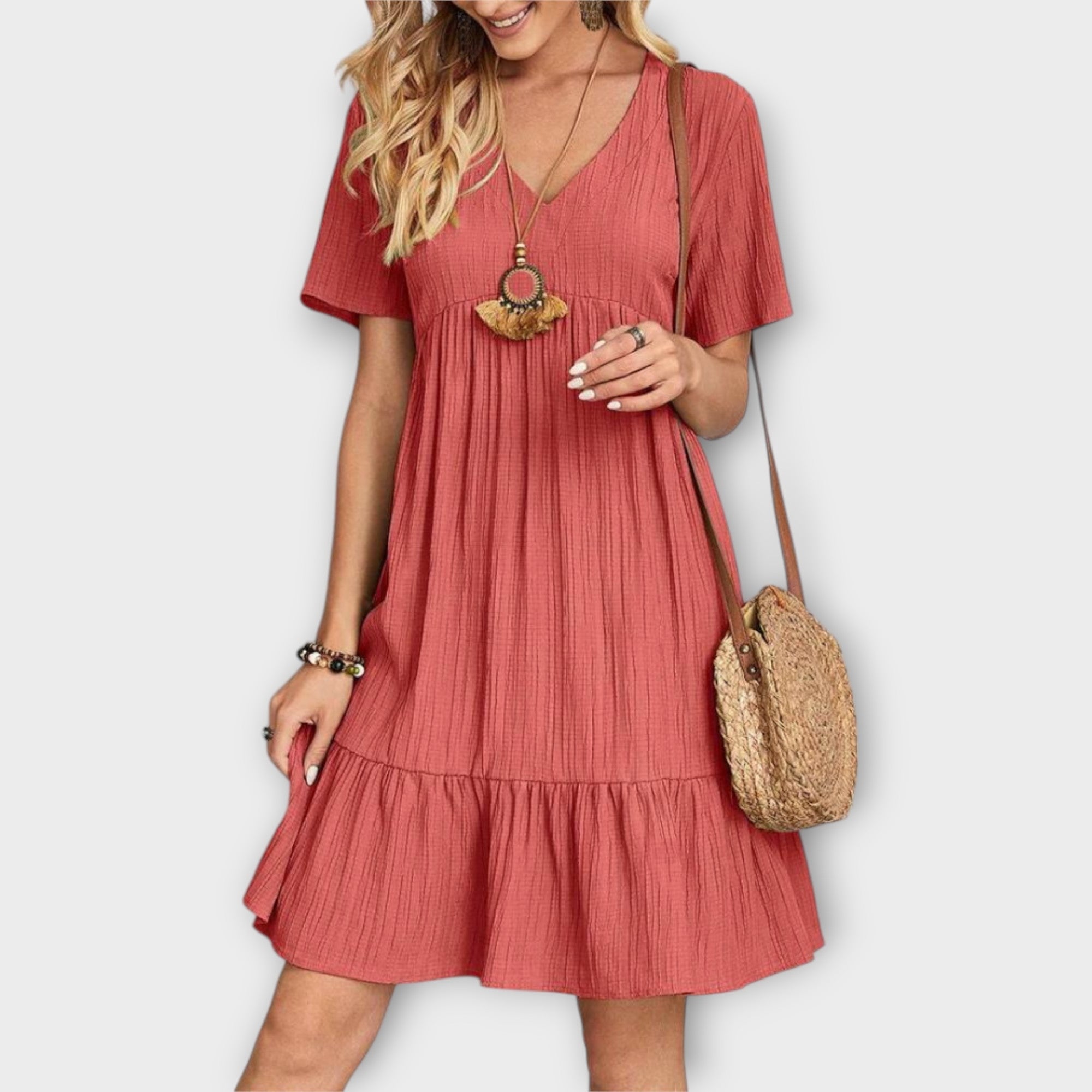Boho Summer Dress with Pleats and Short Sleeves