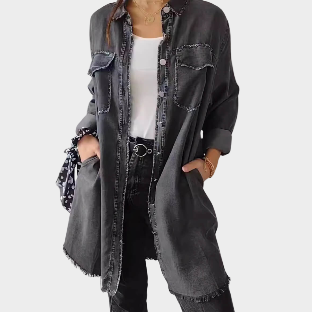 Denim Shirt Dress with Long Sleeves and Classic Collar