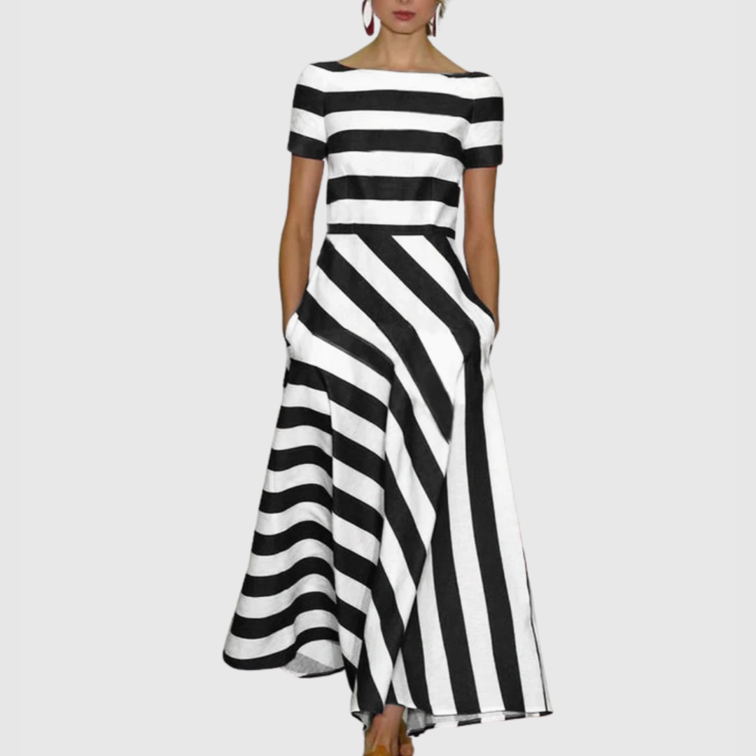 Elegant Long Dress with Stripes and Short Sleeves