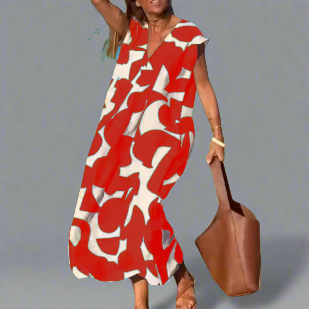 V-Neck Dress with Fabric Print