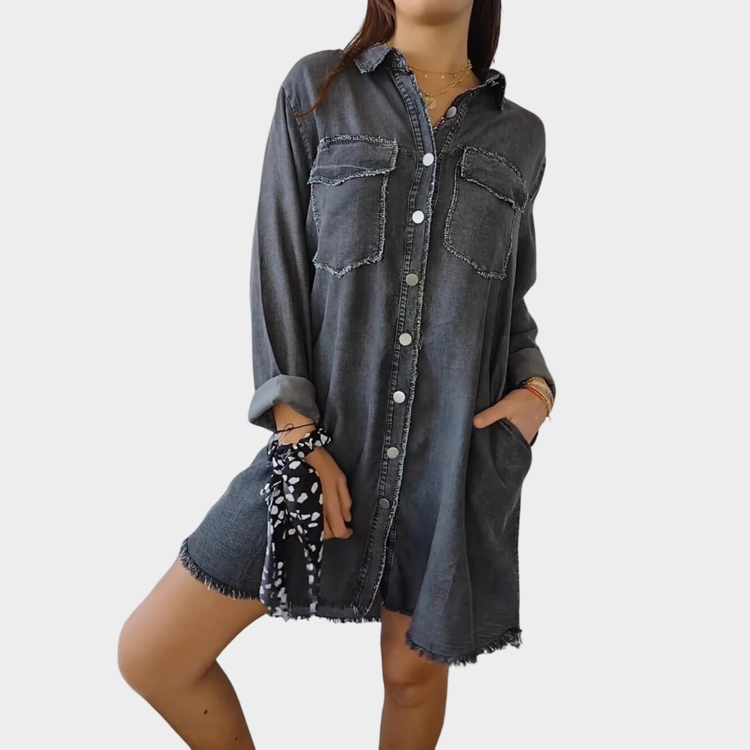 Denim Shirt Dress with Long Sleeves and Classic Collar