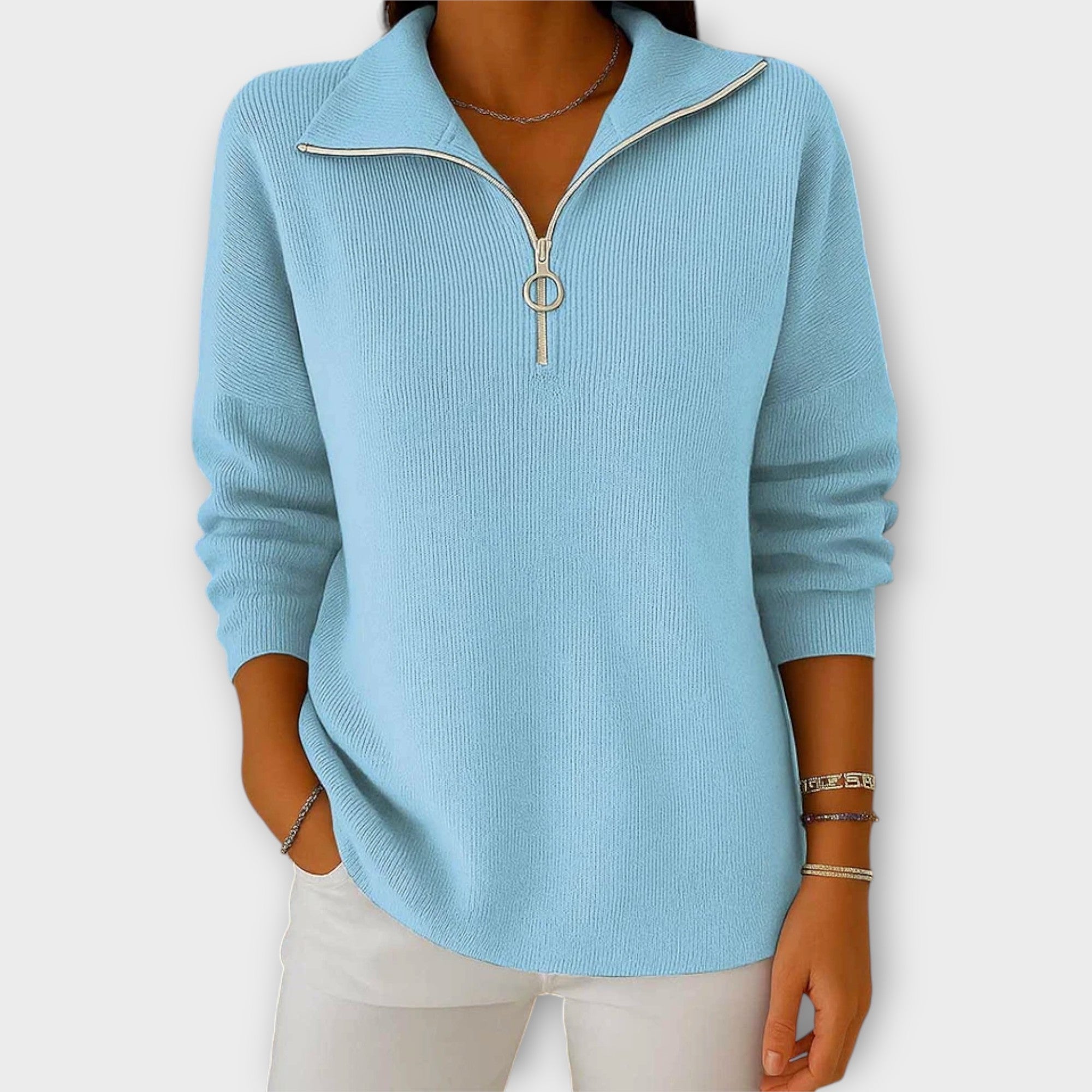 Knitted Sweater with Zip and Elegant Collar