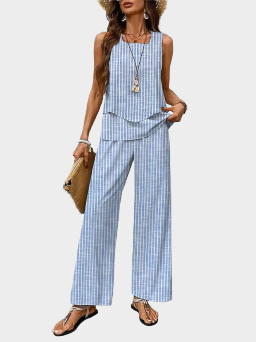 Summer Set with Sleeveless Top and Leaf Print Trousers