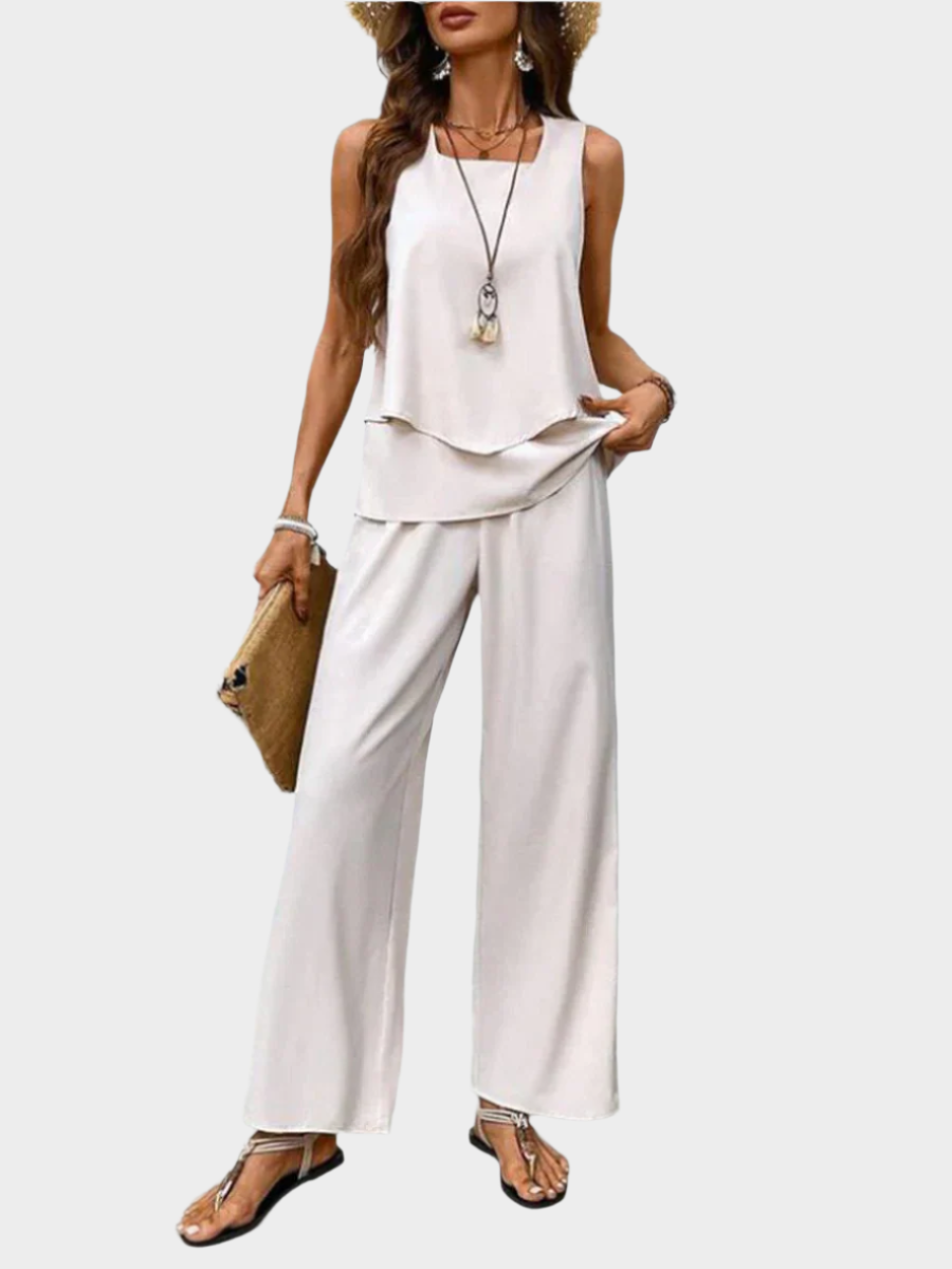 Summer Set with Sleeveless Top and Leaf Print Trousers