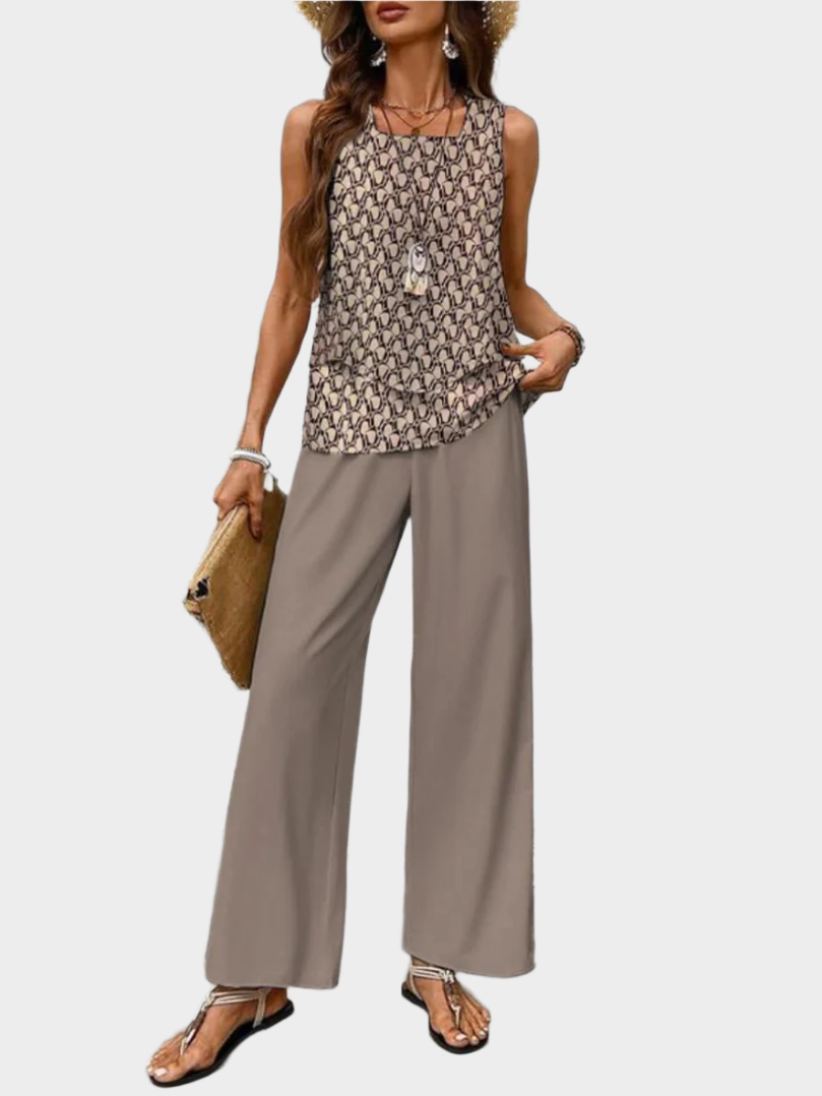 Summer Set with Sleeveless Top and Leaf Print Trousers