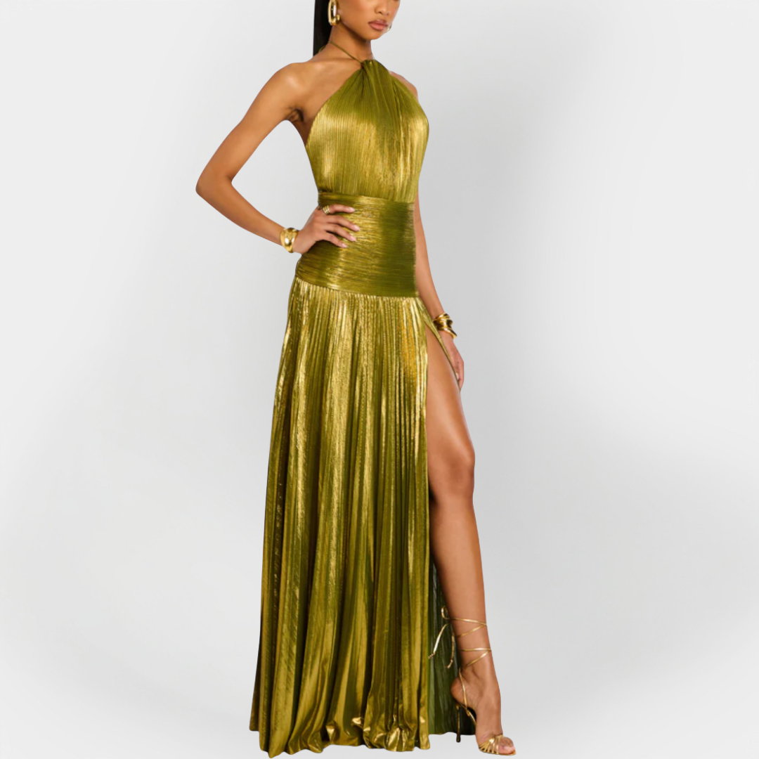 Long Metallic Dress with Neck Tie and Split