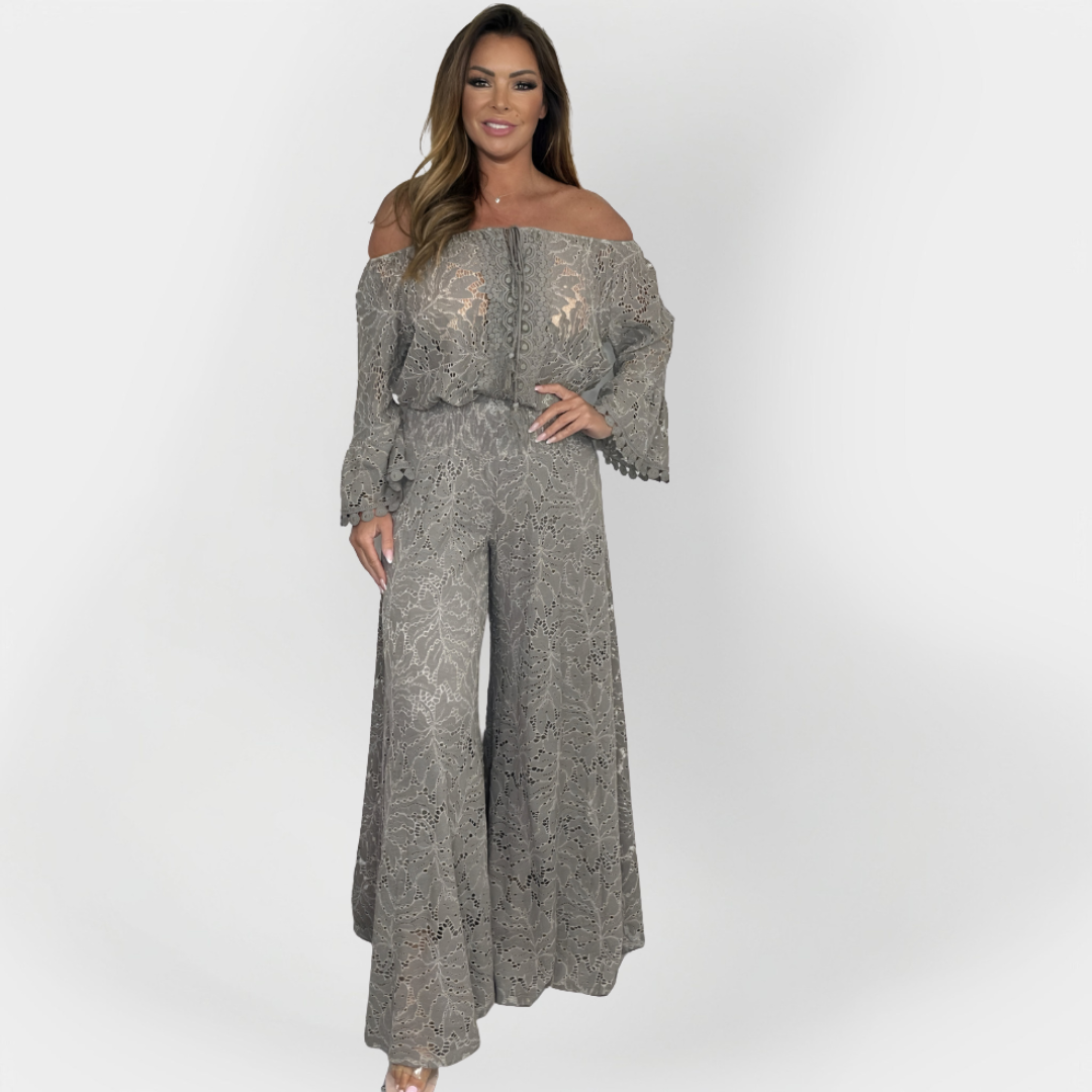 Full-Length Jumpsuit with Off-Shoulder Design and Lace