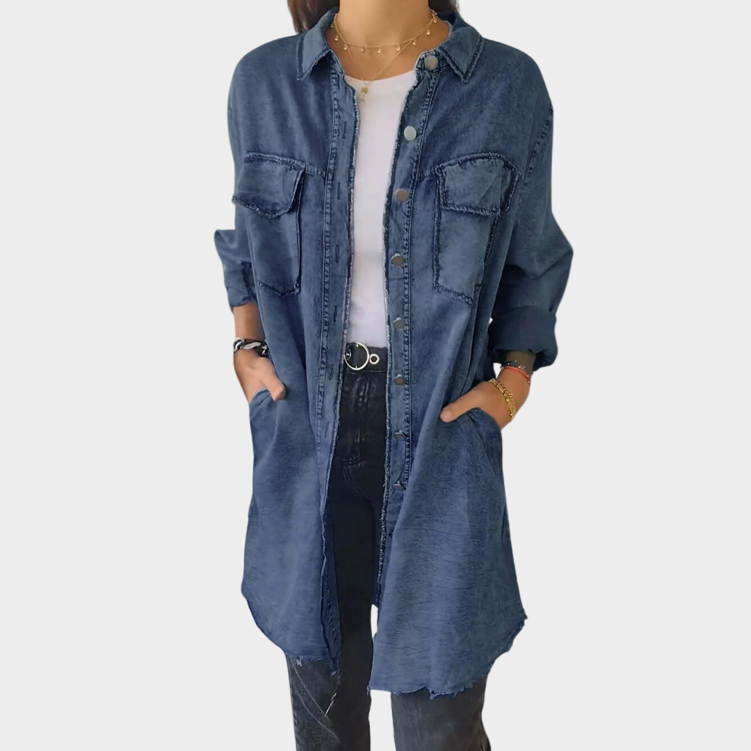 Denim Shirt Dress with Long Sleeves and Classic Collar