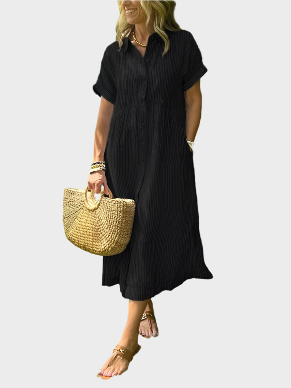 Striped Shirt Dress with Flounces, Buttons and Functional Pockets