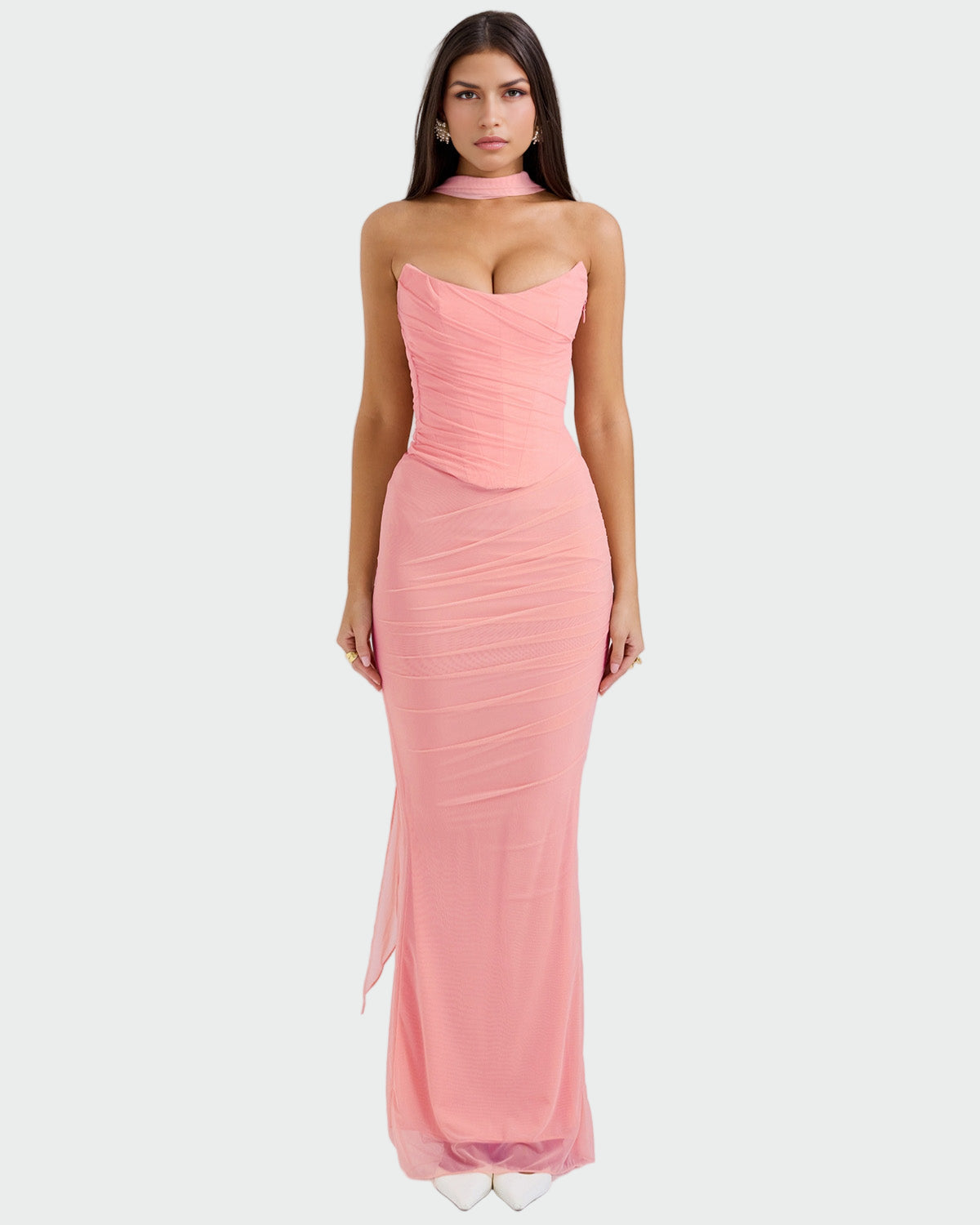 Laura | Long Draped Dress with Corsage Necklace
