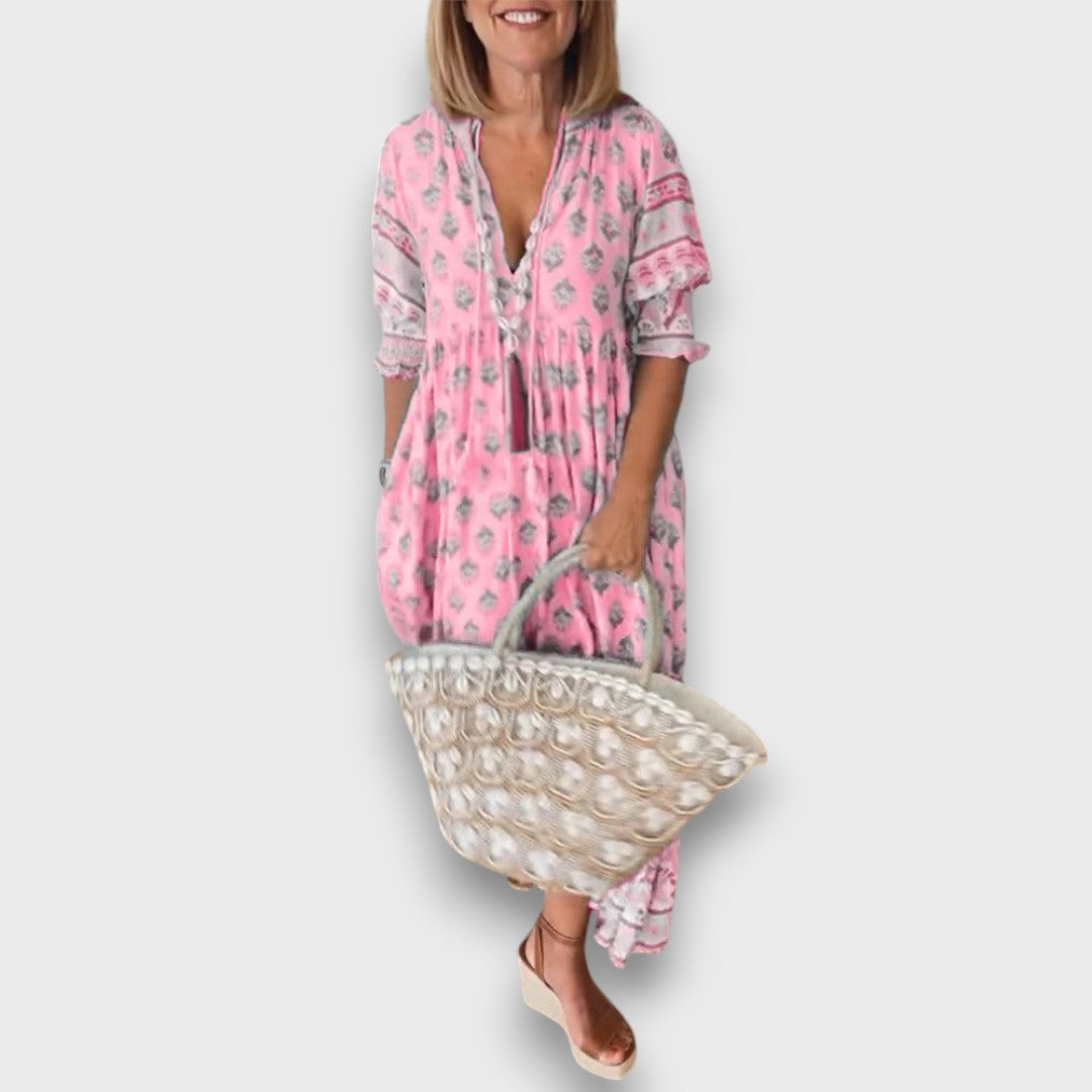 Airy Boho Dress with 3/4 Sleeves and Lace-Up Neckline