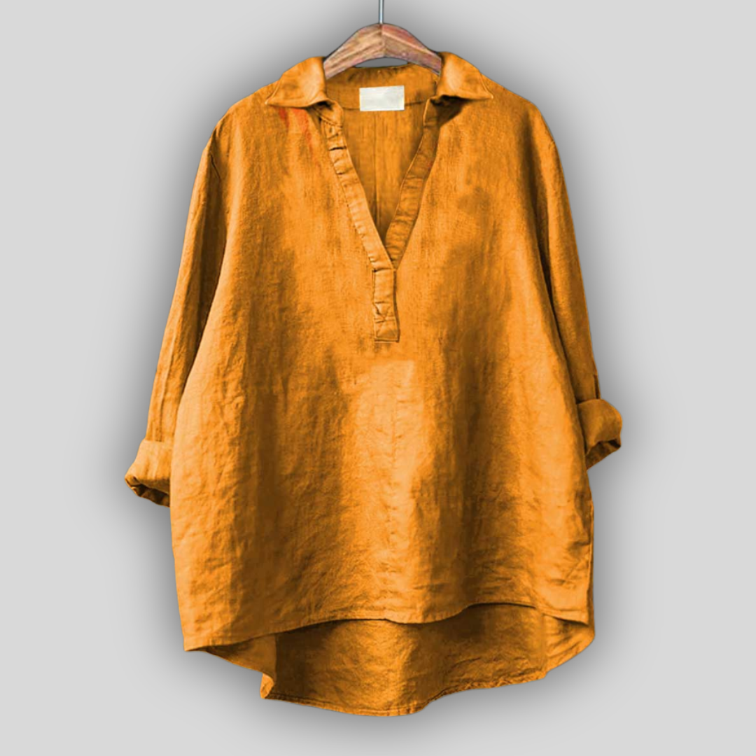 White Linen Blouse with V Neckline