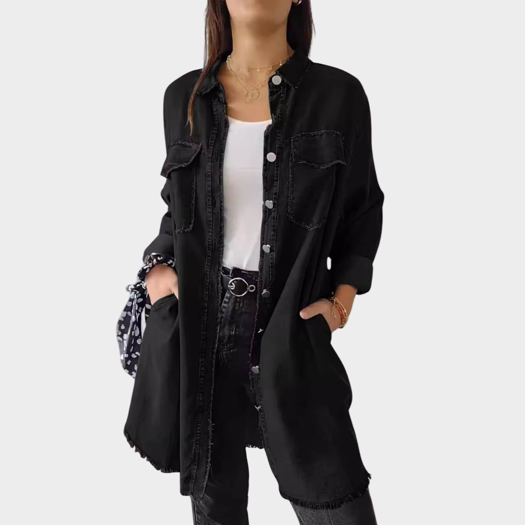 Denim Shirt Dress with Long Sleeves and Classic Collar