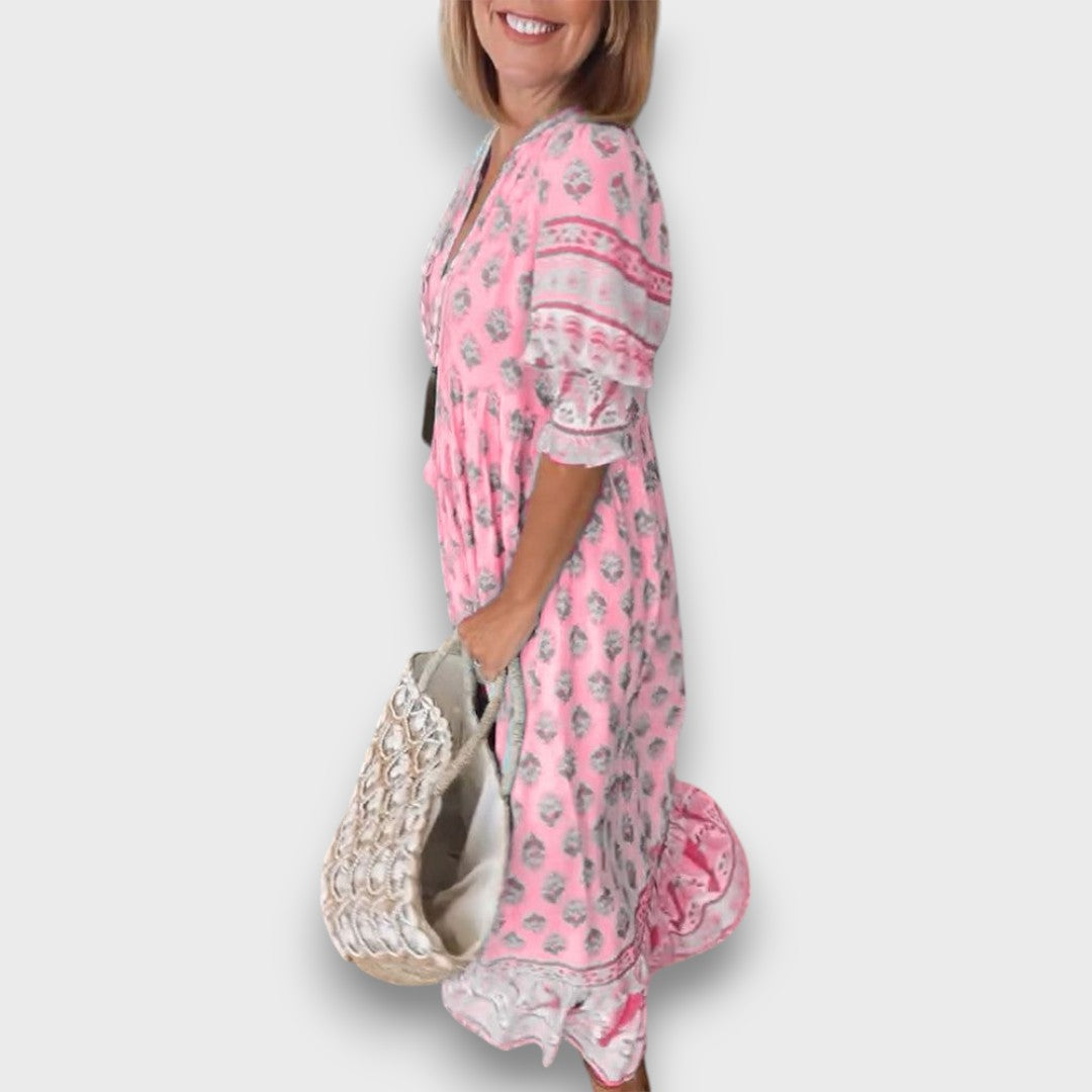 Airy Boho Dress with 3/4 Sleeves and Lace-Up Neckline