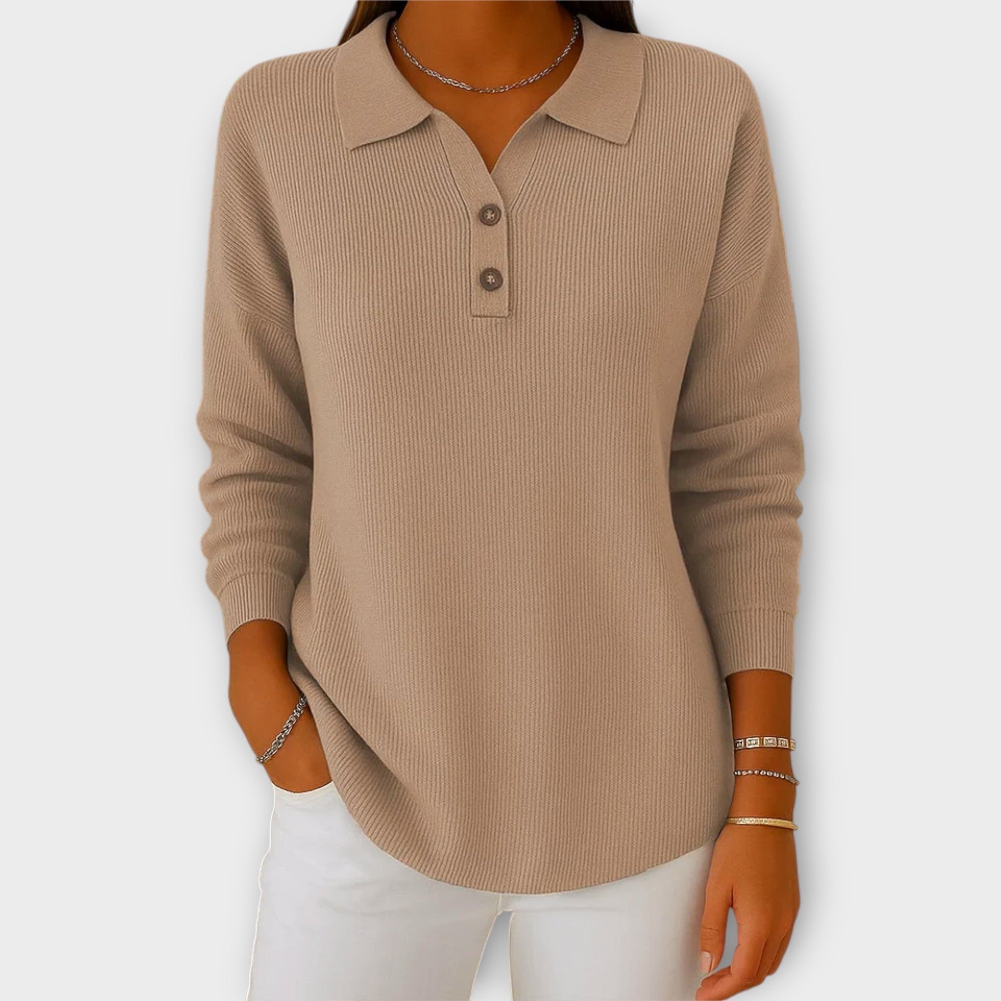 Knitted Top with Elegant Collar and Buttons