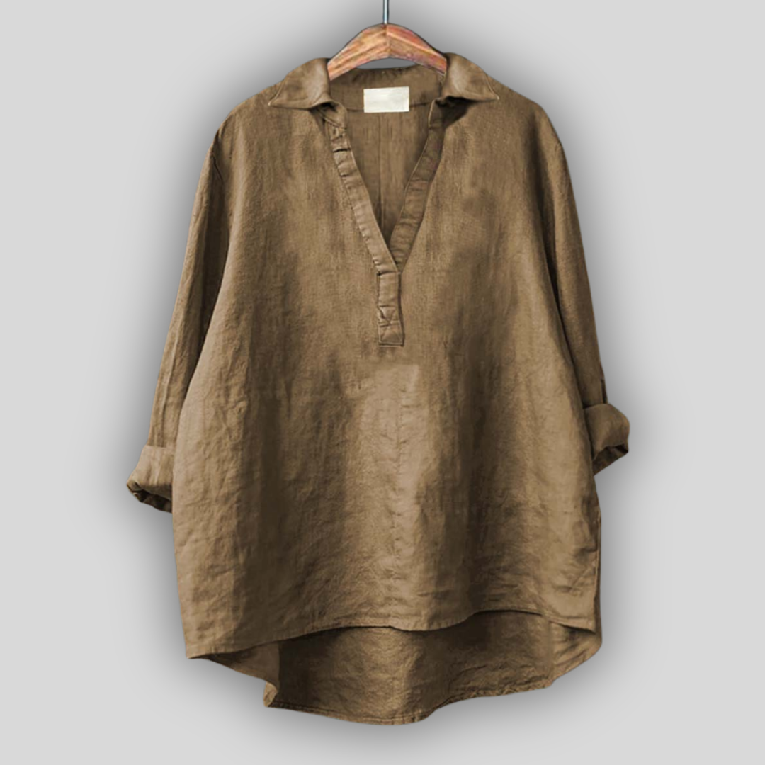 White Linen Blouse with V Neckline