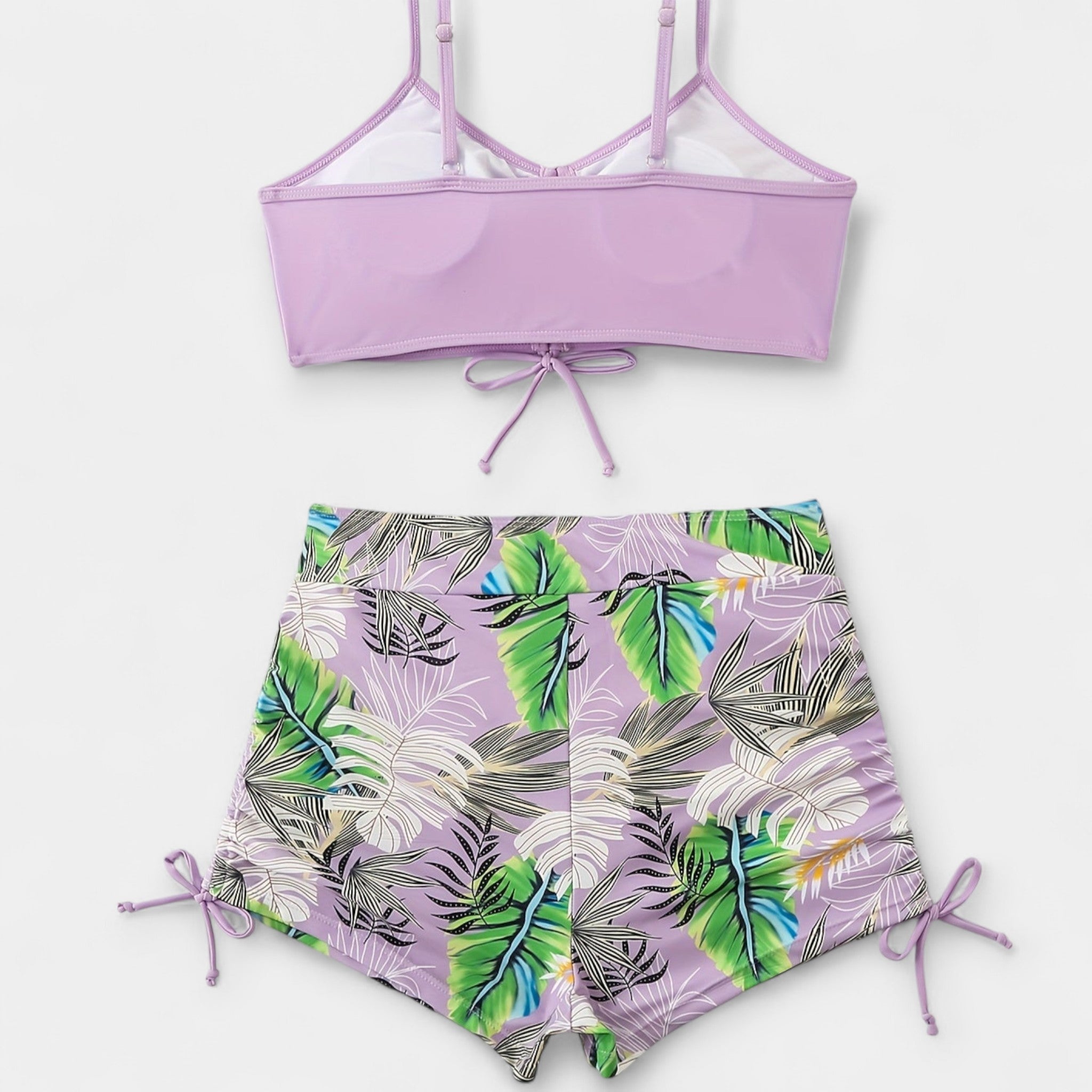 High-Waisted Bikini with Tropical Print and Straps