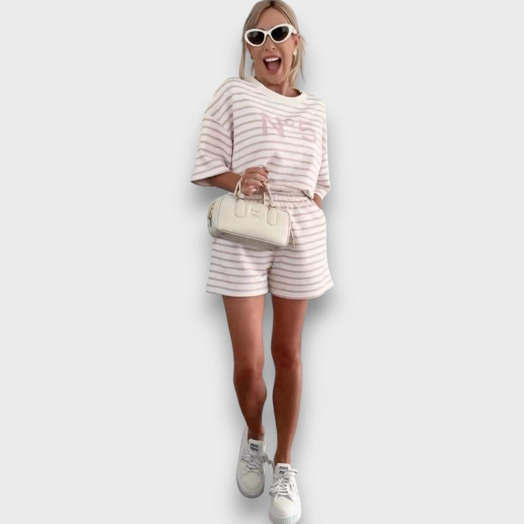 Striped Blouse and Shorts Set with Print