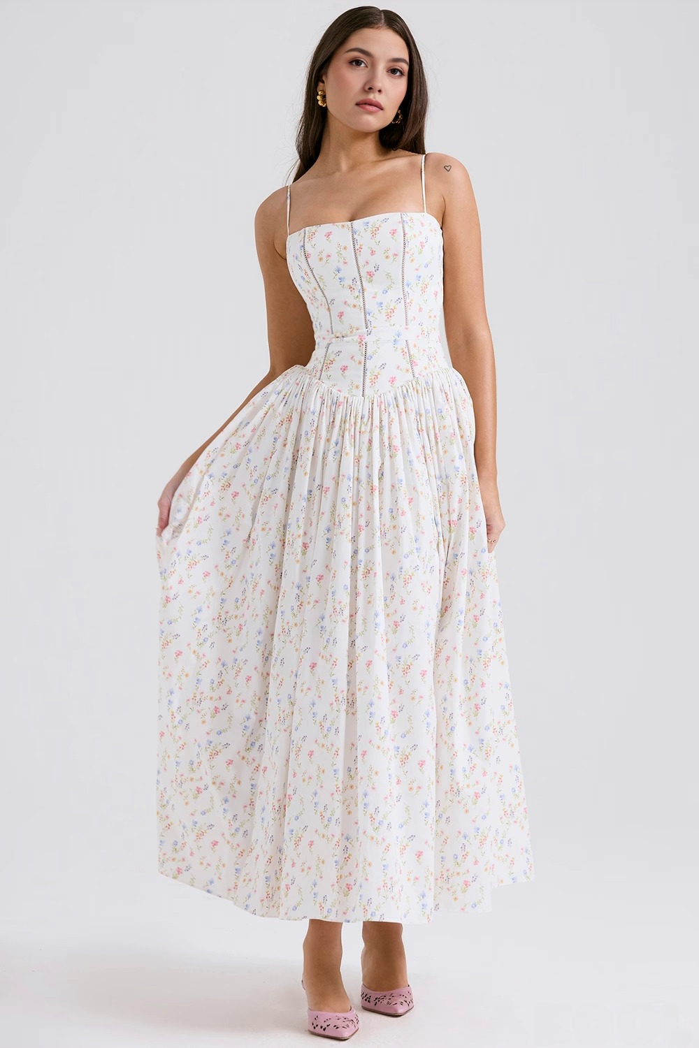 Maxi Dress with Thin Straps and Floral Design