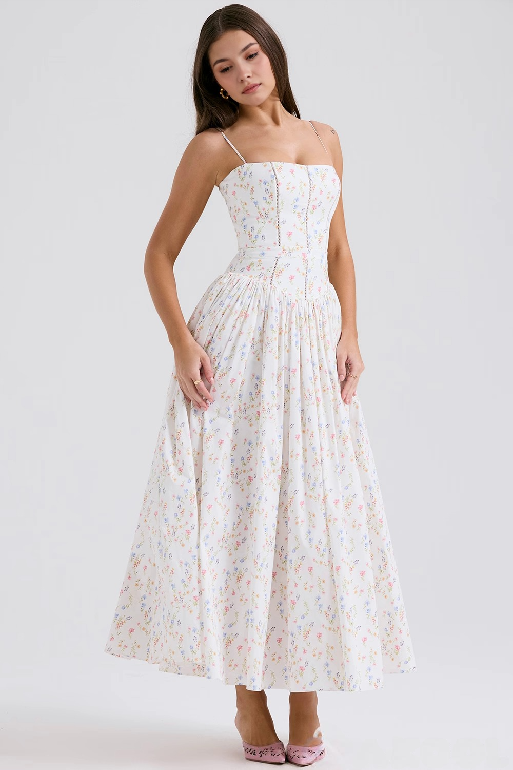 Maxi Dress with Thin Straps and Floral Design