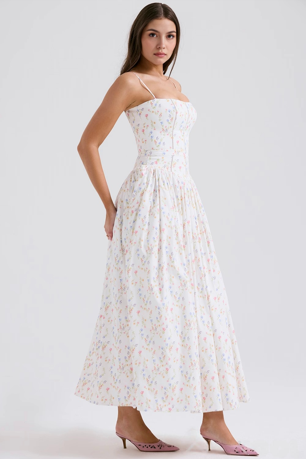 Maxi Dress with Thin Straps and Floral Design