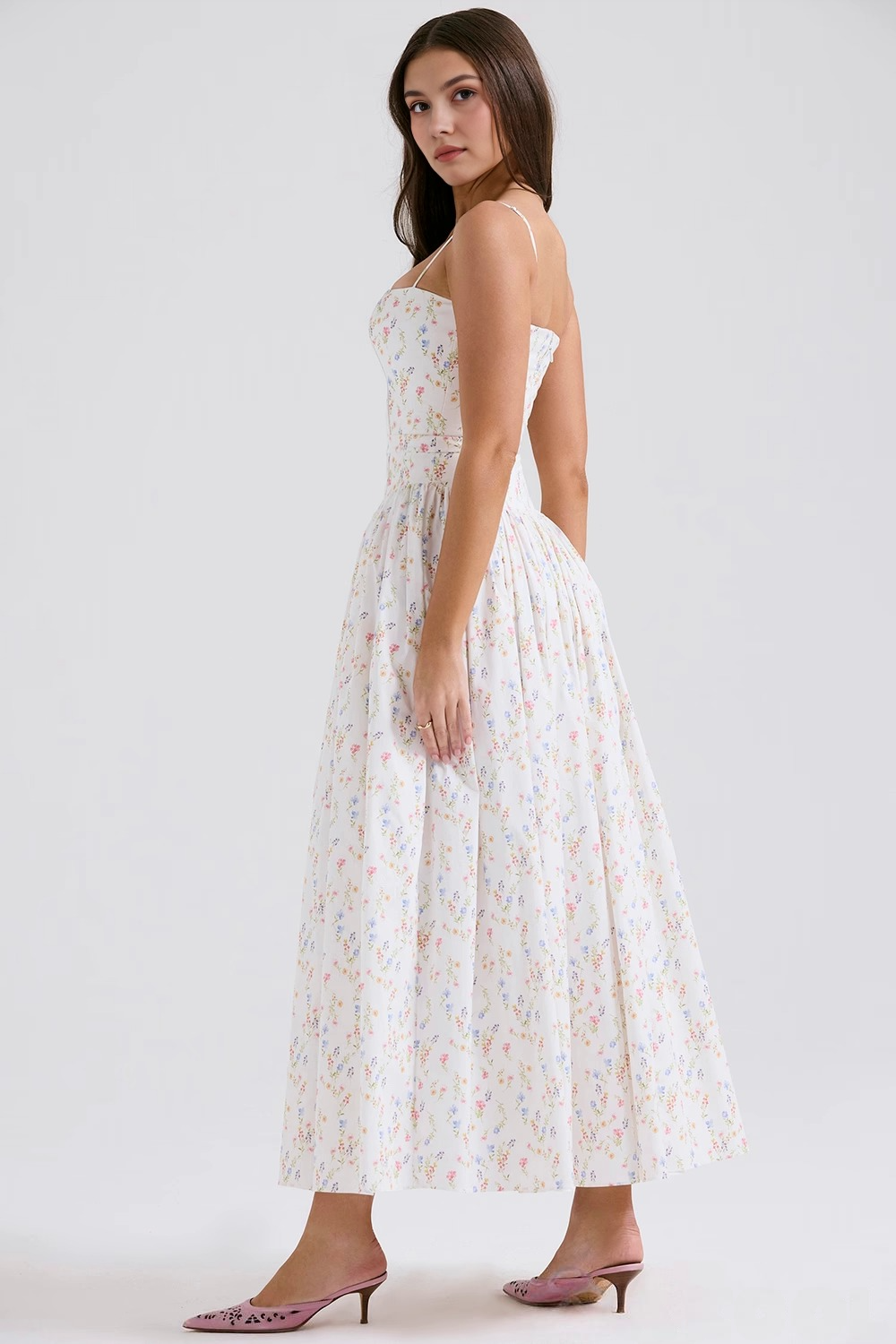 Maxi Dress with Thin Straps and Floral Design