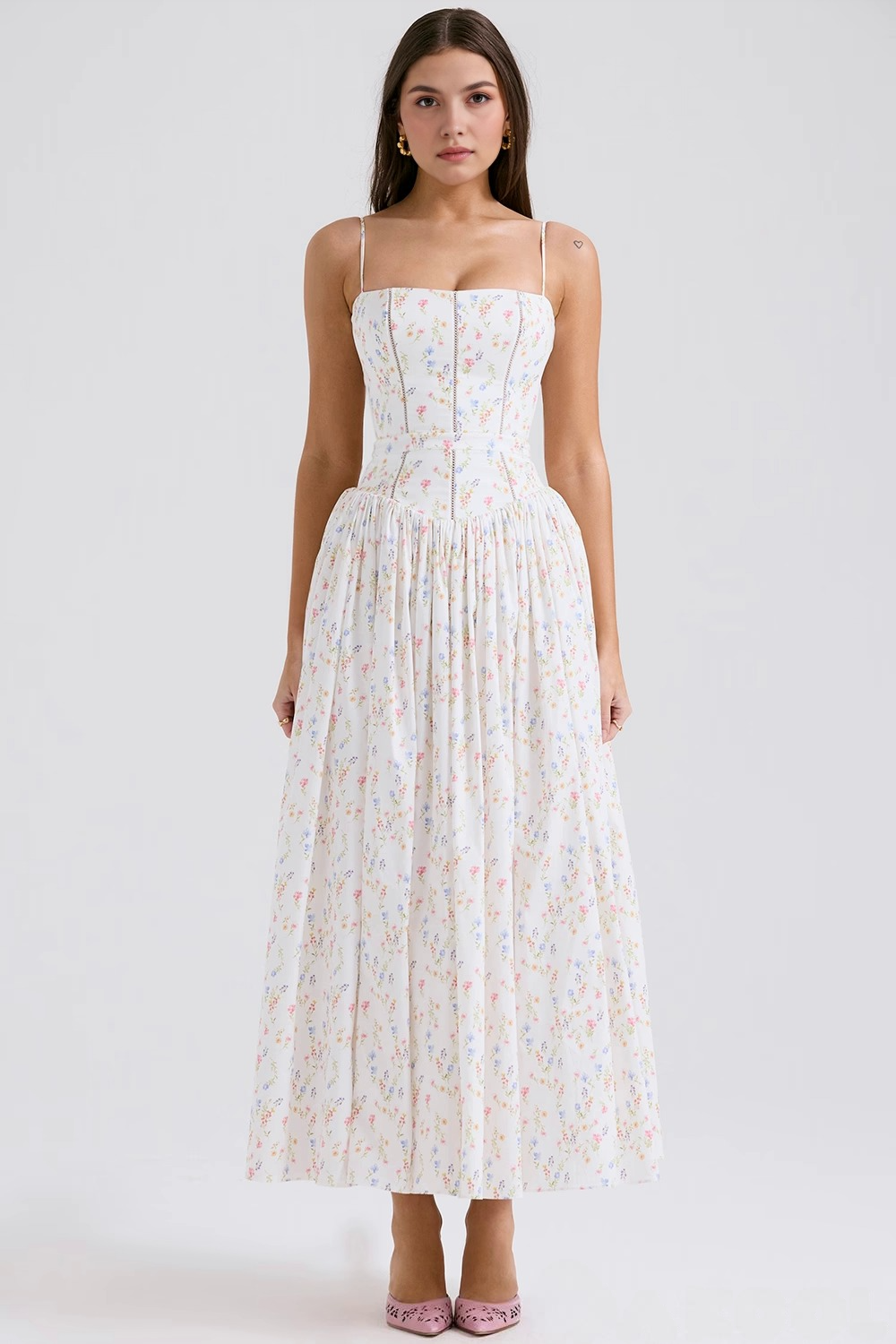Maxi Dress with Thin Straps and Floral Design