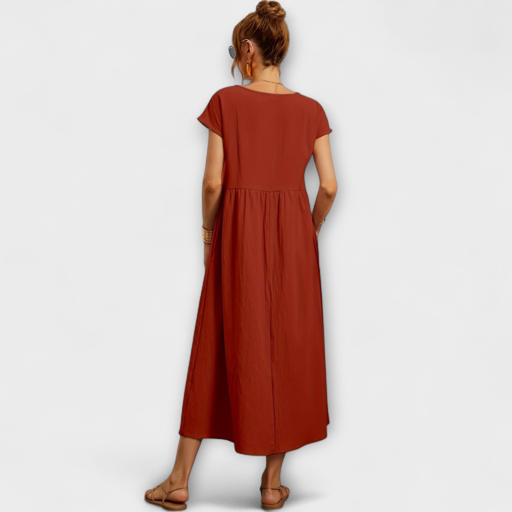Midi Dress with Simple Line and Side Pockets