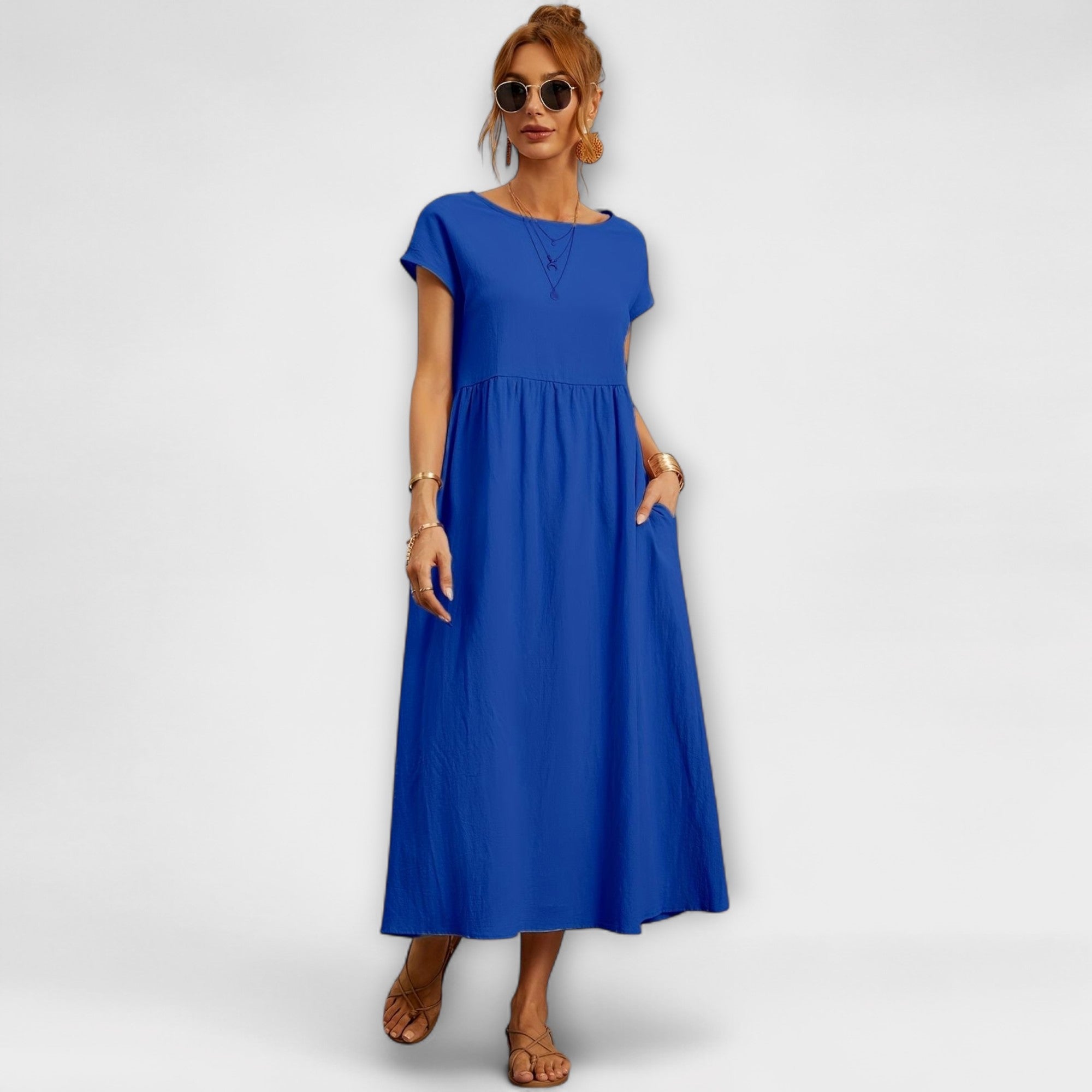 Midi Dress with Simple Line and Side Pockets