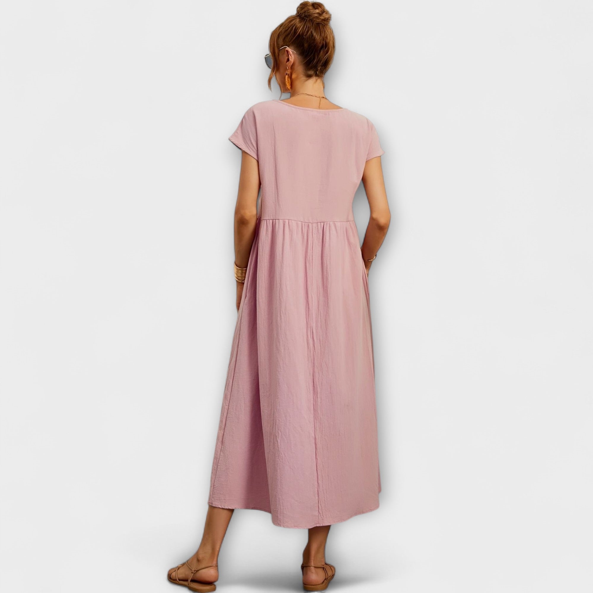Midi Dress with Simple Line and Side Pockets