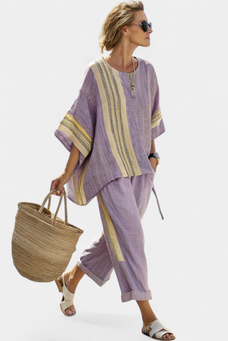 Set of linen bamboo in enchanting lavender with yellow stripe details
