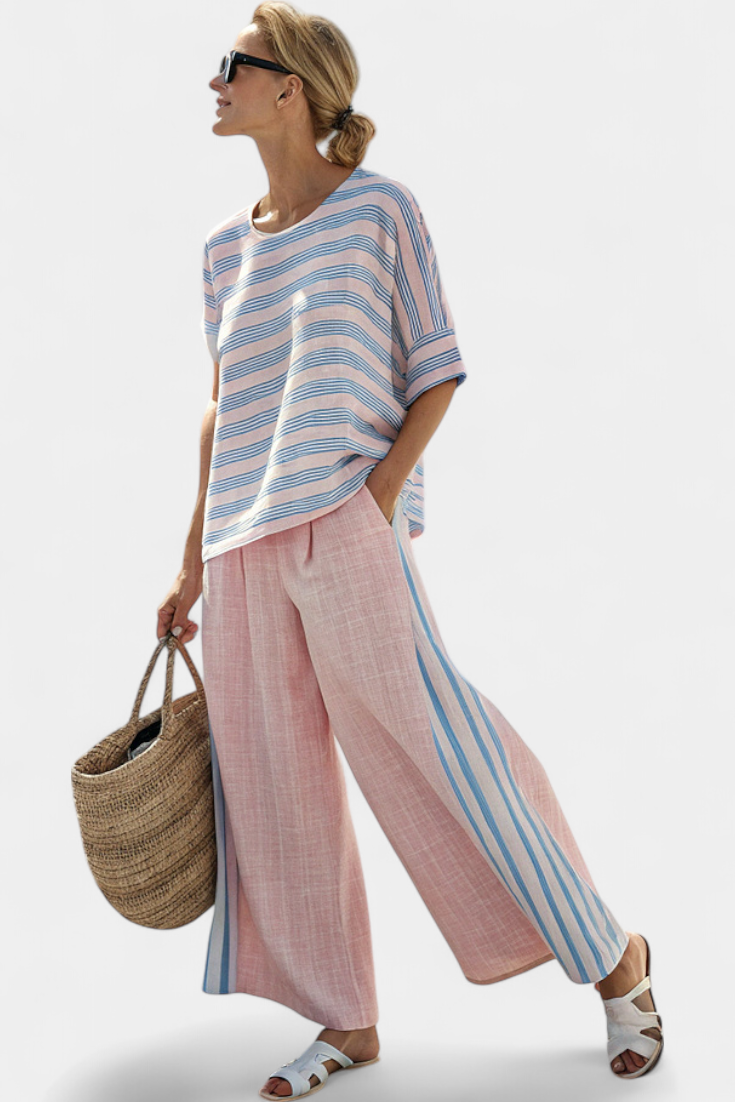 Daisy Mediterranean Bamboo Linen Set in Soft Pink with Elegant Blue Stripes