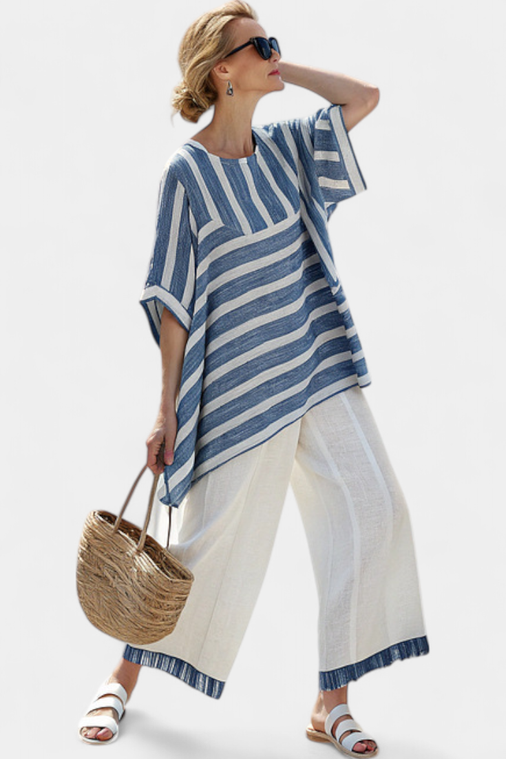 Elegant Mediterranean Linen Set with Blue Stripes and Trousers with Hem for a Fresh and Stylish Look
