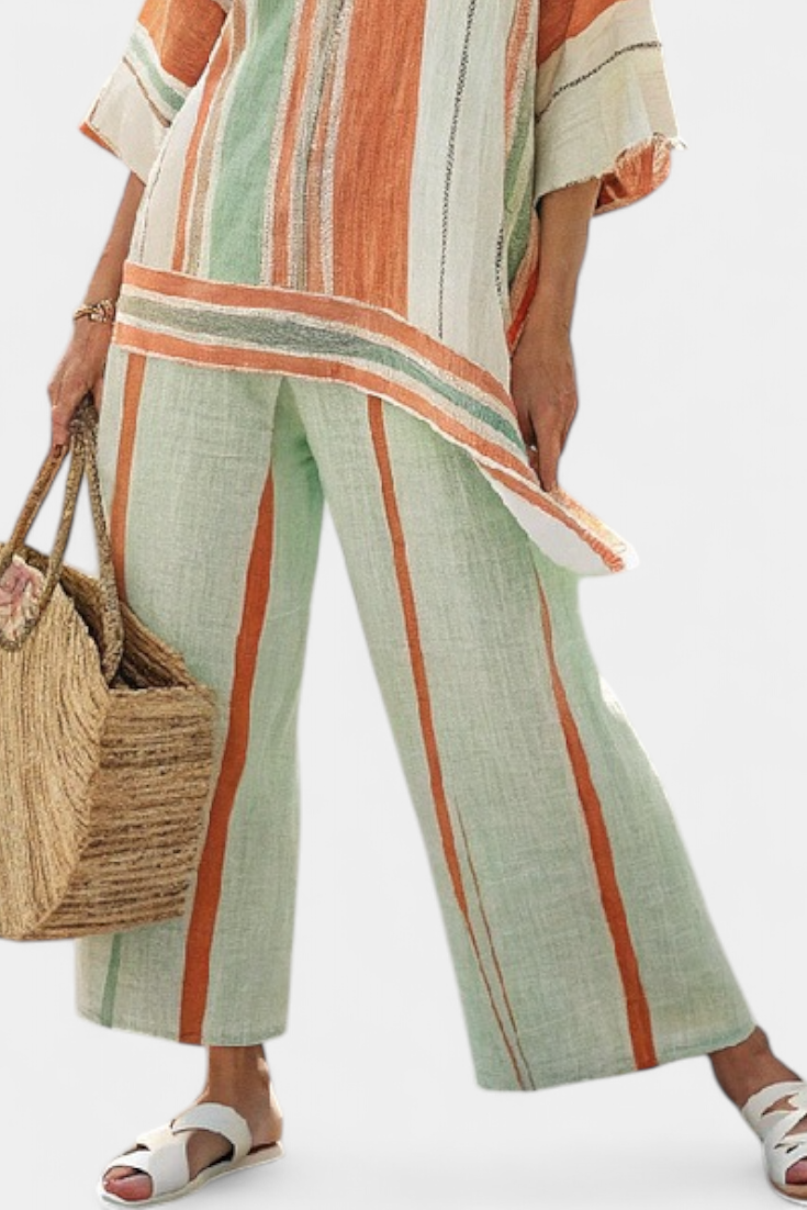 Elegant Bamboo Linen Set with Stripes and Asymmetrical Blouse and Wide Trousers for a Refined Style