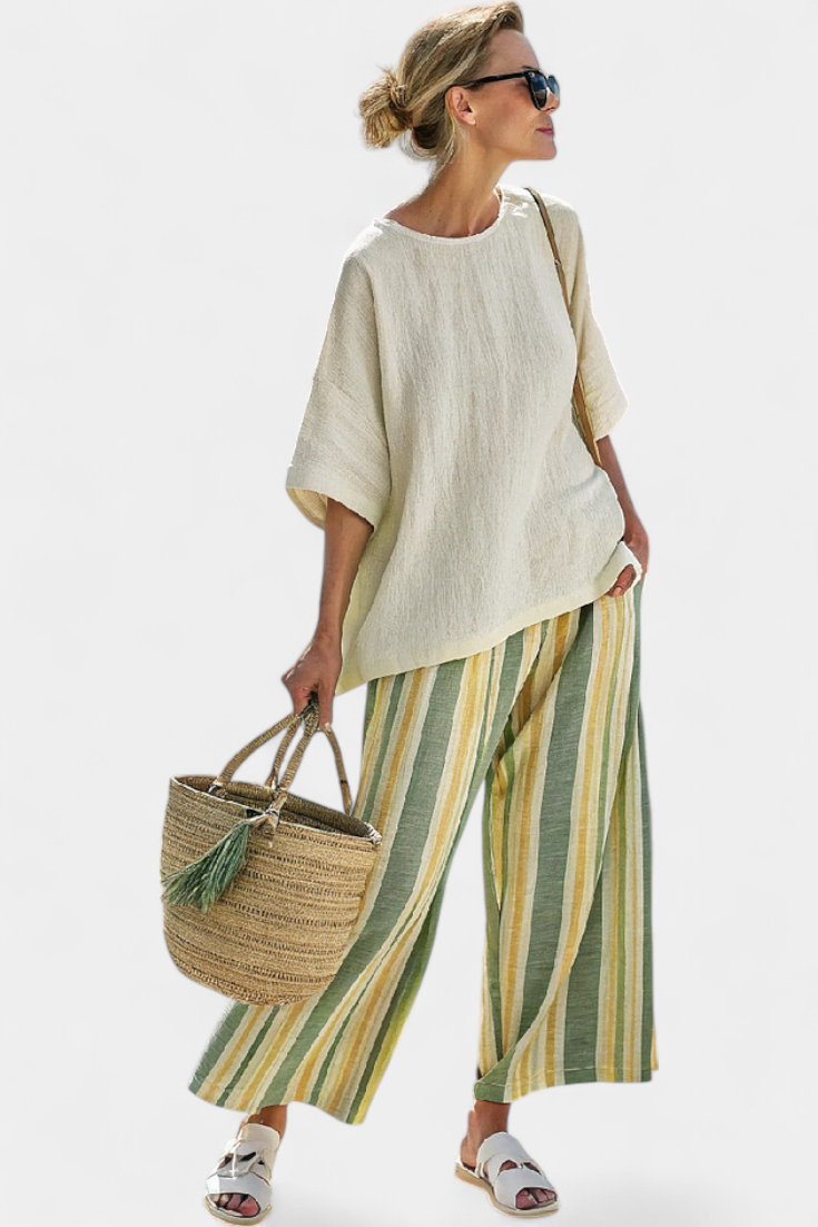 Daisy Mediterranean Bamboo Linen Outfit with Olive Stripes for a Refreshing and Elegant Style