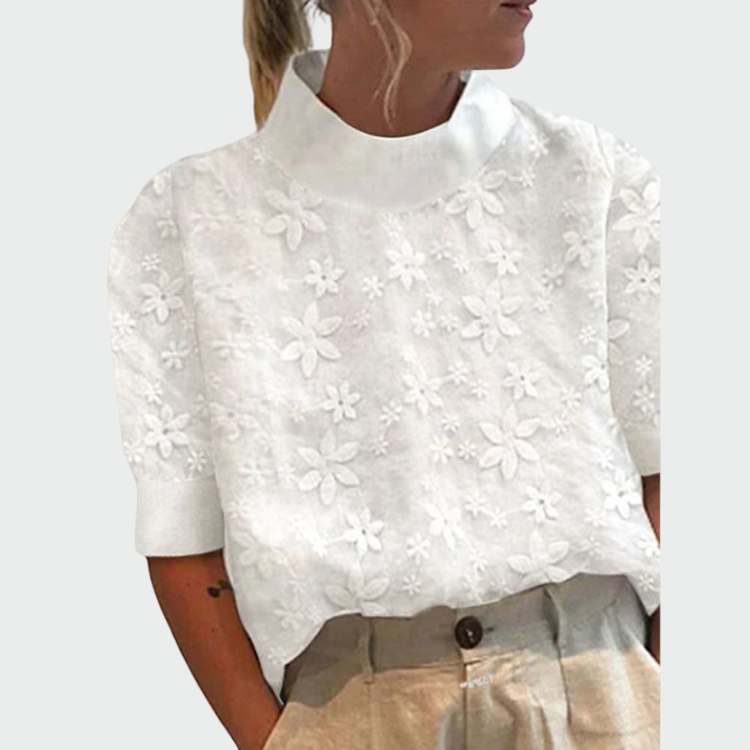Embroidered Blouse with Stand-Up Collar