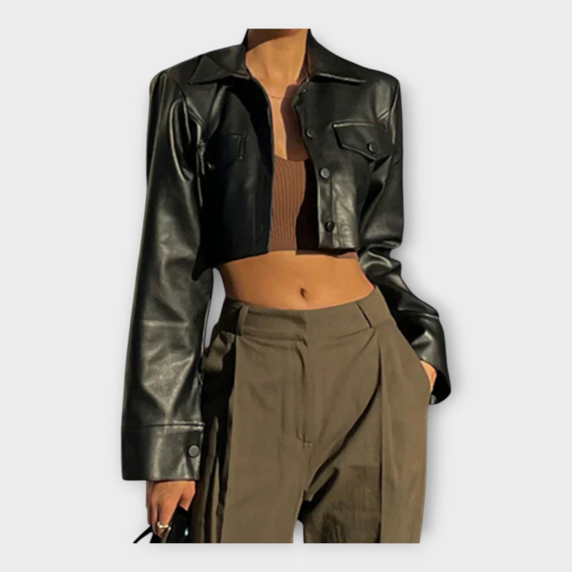 Short Leather Jacket with Pockets