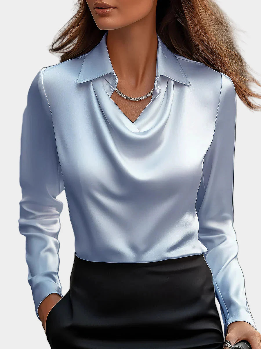 Elegant White Satin Blouse with Draped Neckline