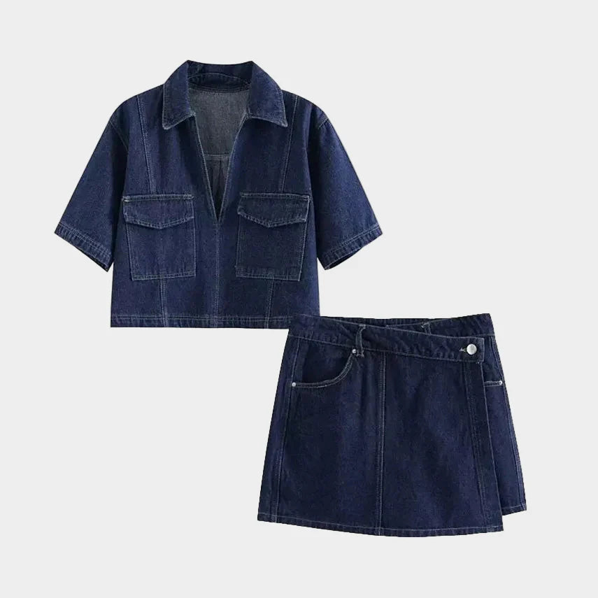 Denim Set with V-Neck